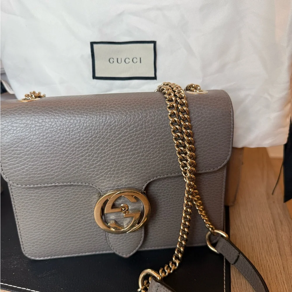 Authentic Gucci gray Leather Crossbody Bag with Gold Accent - Picture 7 of 11